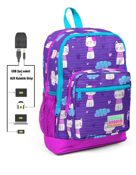 Coral High Kids Dört Gözlü Kız Çocuk İlkokul Çantası - Kedi Baskılı - USB+AUX Soketli