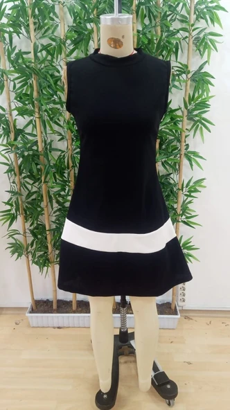 Kadın Sıfır Kol Yarı Balıkçı Yaka şerit Detaylı Ithal Krep Elbise - Resim 6