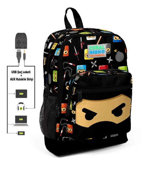 Coral High Kids Dört Gözlü Erkek Çocuk İlkokul Çantası - Ninja Baskılı - USB+AUX Soketli ürün görseli