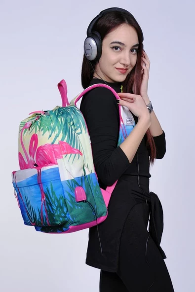 Coral High Flamingo Aşkı Üç Gözlü Okul ve Günlük Sırt Çantası - USB+AUX Soketli - Resim 3