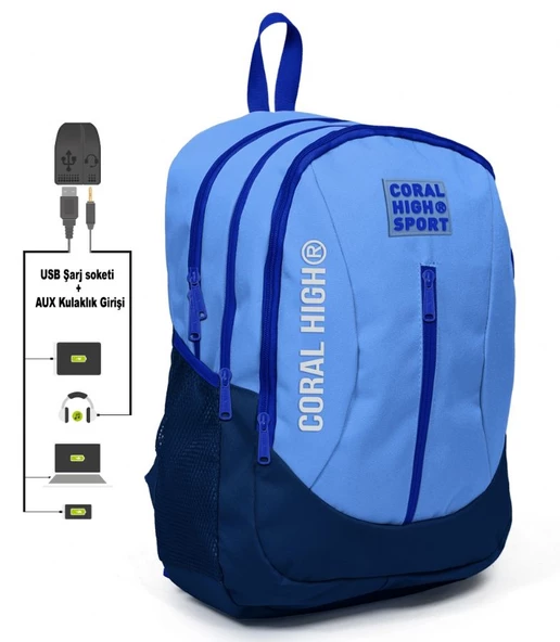 Coral High Sport Mavi Okul ve Günlük Sırt Çantası - USB ve AUX Çıkışlı