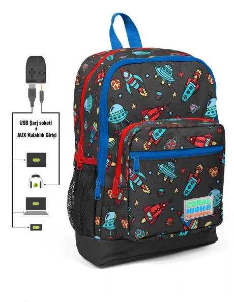 Coral High Kids Dört Gözlü Erkek Çocuk İlkokul Çantası - Gezegen ve Uzay Desenli - USB+AUX Soketli