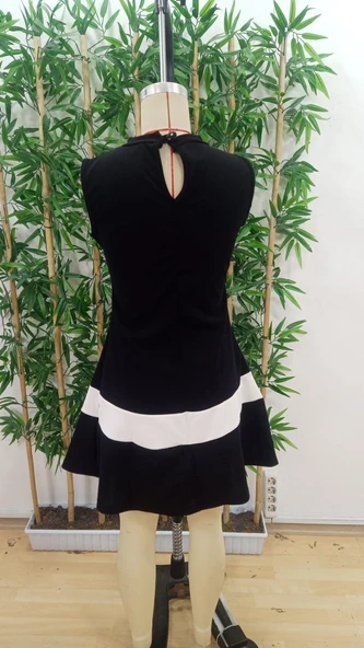 Kadın Sıfır Kol Yarı Balıkçı Yaka şerit Detaylı Ithal Krep Elbise - Resim 9