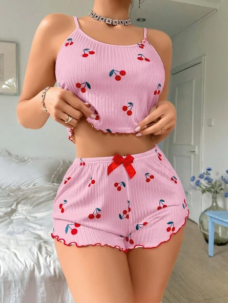 Amora Secret Pembe Kiraz Desenli Askılı Şortlu Pijama