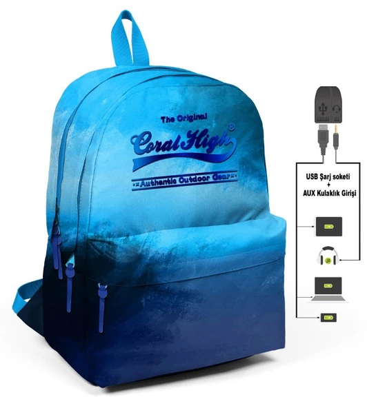 Coral High Mavi Degradeli Üç Gözlü Okul ve Günlük Sırt Çantası - USB+AUX Soketli ürün görseli