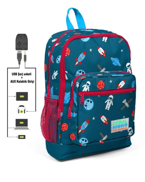 Coral High Kids Dört Gözlü Erkek Çocuk İlkokul Çantası - Astronot Baskılı - USB+AUX Soketli ürün görseli
