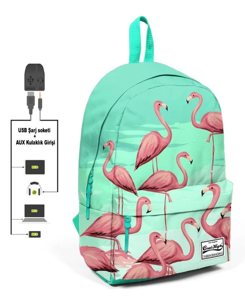 Coral High Yeşil Flamingo Desenli Sırt Çantası - Okul ve Günlük - USB+AUX Soketli