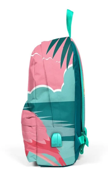Coral High Yeşil Pembe Flamingo Desenli Sırt Çantası - Okul ve Günlük - USB+AUX Soketli - Resim 2