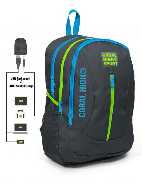 Coral High Sport Mavi-Gri Okul ve Günlük Sırt Çantası - USB ve AUX Çıkışlı
