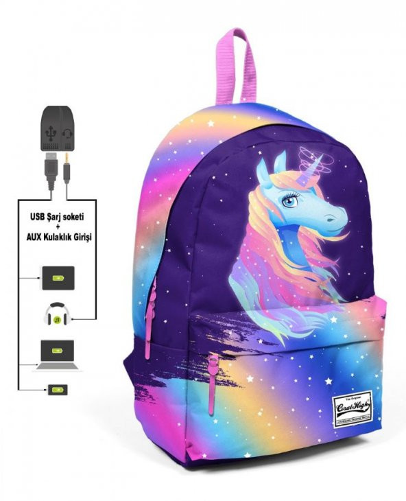 Coral High Renkli Unicorn Desenli Sırt Çantası - Okul ve Günlük - USB+AUX Soketli