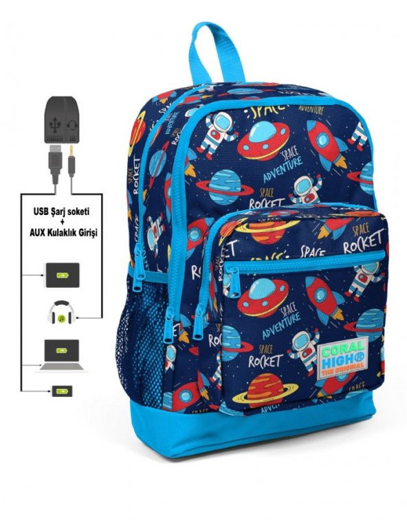 Coral High Kids Dört Gözlü Erkek Çocuk İlkokul Çantası - Uzay Macerası Desenli - USB+AUX Soketli