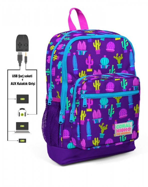 Coral High Kids Dört Gözlü Kız Çocuk İlkokul Çantası - Kaktüs Desenli - USB+AUX Soketli