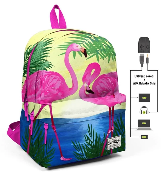 Coral High Flamingo Aşkı Üç Gözlü Okul ve Günlük Sırt Çantası - USB+AUX Soketli ürün görseli