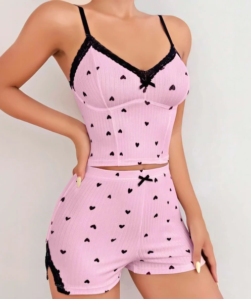 AmoraSecret AmoraSecret Pembe Kalp Desenli Askılı Şortlu Pijama Takım - 1
