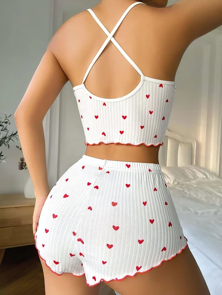 AmoraSecret AmoraSecret Beyaz Fiyonk Desenli Kalpli Askılı Şortlu Pijama Takım - 3