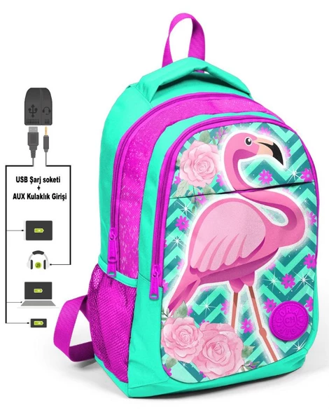 Coral High Kids Flamingo İlk ve Ortaokul Sırt Çantası - USB ve AUX Çıkışlı ürün görseli