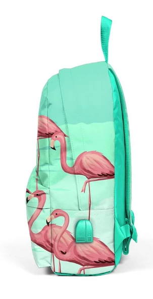 Coral High Yeşil Flamingo Desenli Sırt Çantası - Okul ve Günlük - USB+AUX Soketli - Resim 2