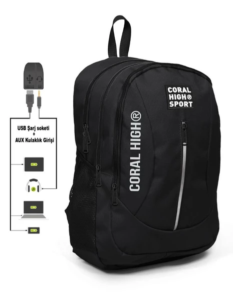 Coral High Sport Siyah Okul ve Günlük Sırt Çantası - USB ve AUX Çıkışlı ürün görseli