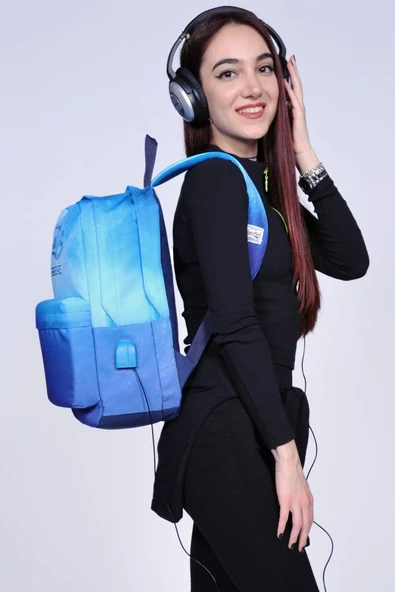 Coral High Mavi Degradeli Üç Gözlü Okul ve Günlük Sırt Çantası - USB+AUX Soketli - Resim 3