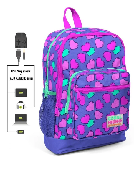 Coral High Kids Dört Gözlü Kız Çocuk İlkokul Çantası - Kalpler Baskılı - USB+AUX Soketli ürün görseli