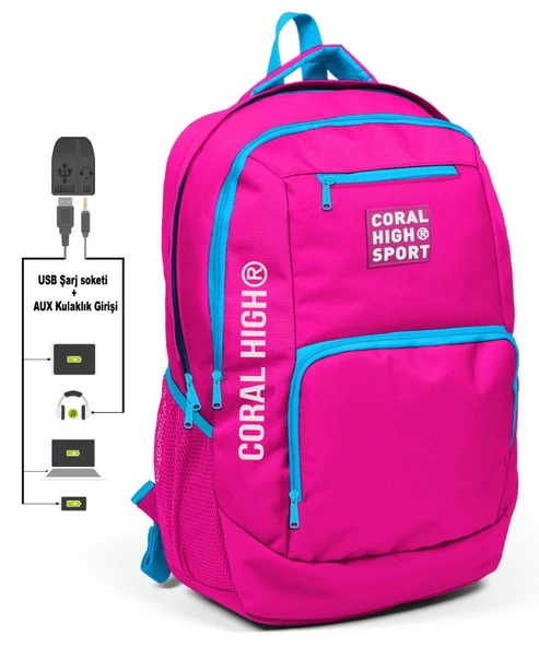 Coral High Sport Pembe-Mavi Laptop Bölmeli Sırt Çantası - USB Çıkışlı