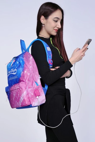 Coral High Saks Mavi ve Pembe Desenli Sırt Çantası - Okul ve Günlük - USB+AUX Soketli - Resim 3