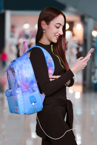 Coral High Mavi Yeşil Unicorn Desenli Sırt Çantası - Okul ve Günlük - USB+AUX Soketli - Resim 3