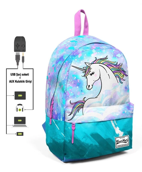 Coral High Mavi Yeşil Unicorn Desenli Sırt Çantası - Okul ve Günlük - USB+AUX Soketli ürün görseli