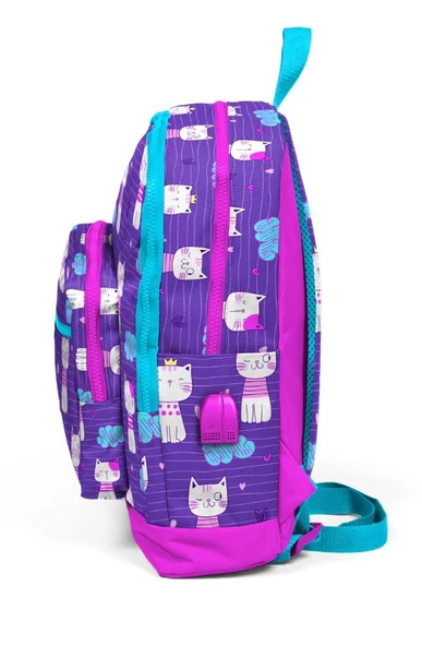 Coral High Kids Dört Gözlü Kız Çocuk İlkokul Çantası - Kedi Baskılı - USB+AUX Soketli - Resim 2