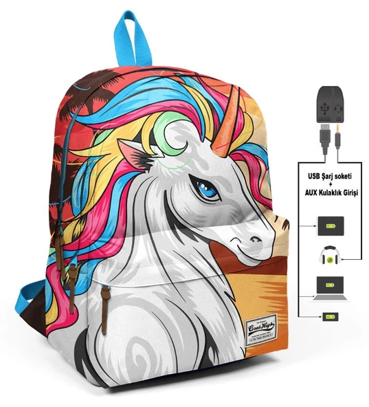 Coral High Üç Bölmeli Büyük Unicorn Okul ve Günlük Sırt Çantası - USB+AUX