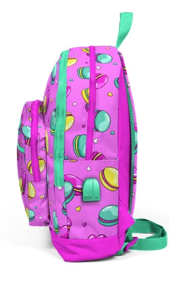 Coral High Kids Dört Gözlü Kız Çocuk İlkokul Çantası - Makaron Basklı - USB+AUX Soketli - Resim 2