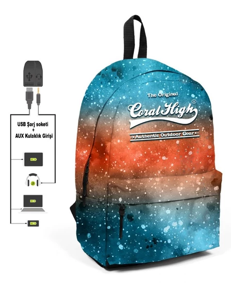 Coral High Galaksi Desenli Sırt Çantası - Okul ve Günlük - USB+AUX Soketli ürün görseli