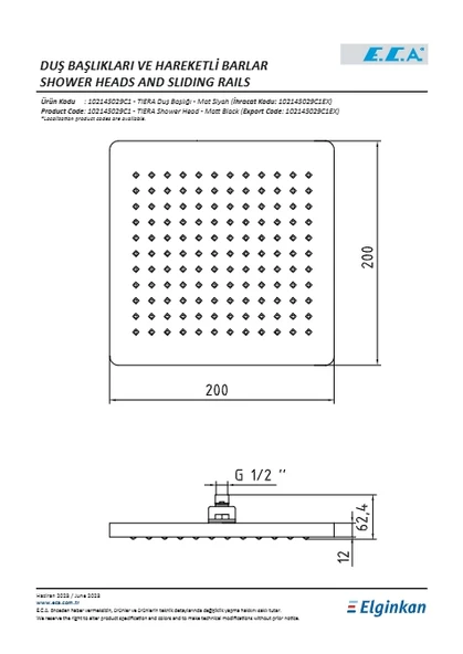 Eca Tiera Duş Başlığı Mat Siyah 200x200 - Resim 2