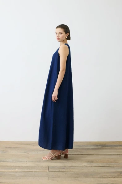 Denim Efektli Keten Kolsuz Elbise Gömlek Takım Terzi Dükkani - 4