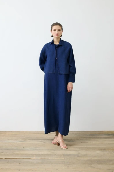 Denim Efektli Keten Kolsuz Elbise Gömlek Takım Terzi Dükkani