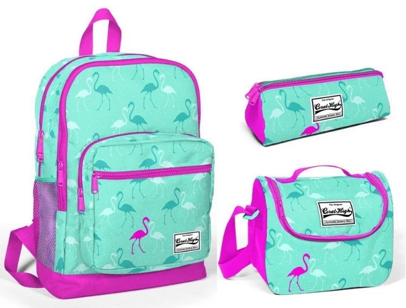 Coral High Kids Pembe-su Yeşili Flamingo Desenli 3'lü Çanta Seti