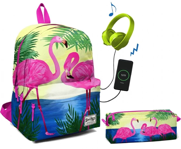 Coral High Üç Bölmeli Ortaokul ve Lise Okul Çantası Seti - Pembe Flamingolar ürün görseli
