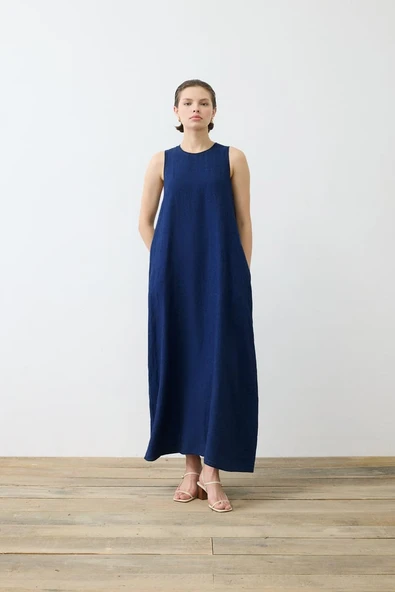 Denim Efektli Keten Kolsuz Elbise Gömlek Takım Terzi Dükkani - 3