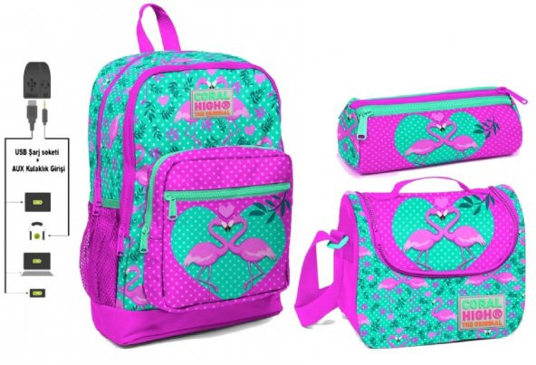 Coral High USB ve AUX Çıkışlı Okul Çanta Seti - Kız Çocuk - Pembe Flamingolar