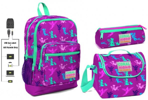 Coral High USB ve AUX Çıkışlı Okul Çanta Seti - Kız Çocuk - Peri Desenli