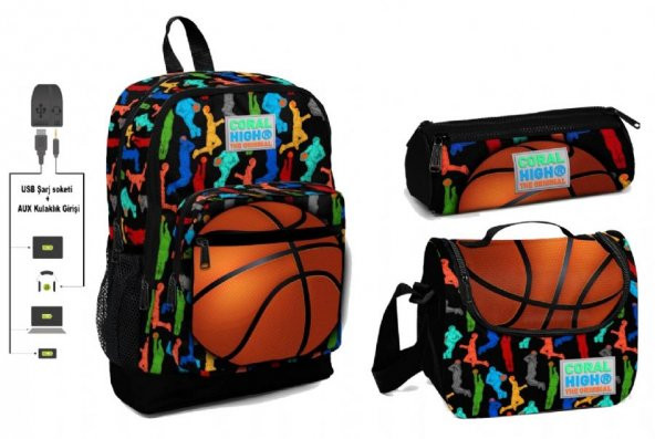 Coral High USB ve AUX Çıkışlı Okul Çanta Seti - Erkek Çocuk - Basketbol Baskılı