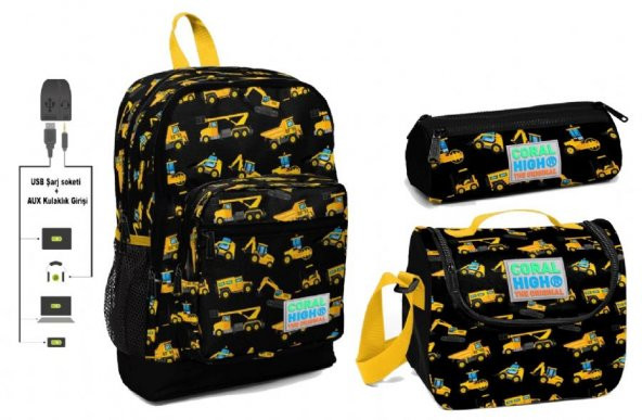 Coral High USB ve AUX Çıkışlı Okul Çanta Seti - Erkek Çocuk - Sarı-Siyah İş Makineleri