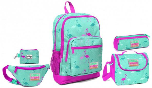 Coral High Yeşil Flamingolar Baskılı Okul ve Günlük Çanta Seti - Kız Çocuk