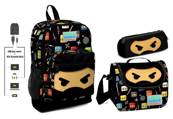 Coral High USB ve AUX Çıkışlı Okul Çanta Seti - Erkek Çocuk - Siyah Ninja Desenli ürün görseli