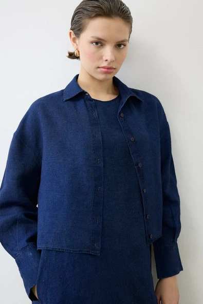 Denim Efektli Keten Kolsuz Elbise Gömlek Takım Terzi Dükkani - 2