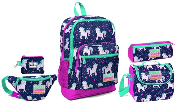 Coral High Pembe Unicorn Desenli Okul ve Günlük Çanta Seti - Kız Çocuk ürün görseli