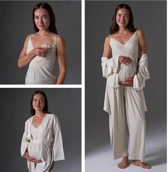 Bonjourmadame 1772 Keten Hamile Lohusa 3 Lü Pijama Sabahlık Tk ürün görseli