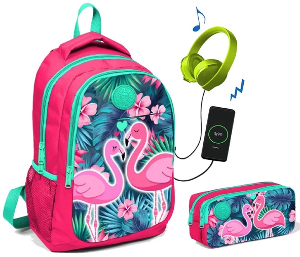 Coral High Pembe/Yeşil Flamingolar Baskılı Okul Çanta Seti - Kız Çocuk