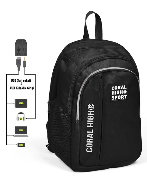 Coral High Sport Beş Gözlü Siyah Okul ve Günlük Sırt Çantası - Laptop+Tablet Bölmeli