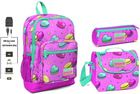 Coral High USB ve AUX Çıkışlı Okul Çanta Seti - Kız Çocuk - Pembe Kurabiyeler ürün görseli